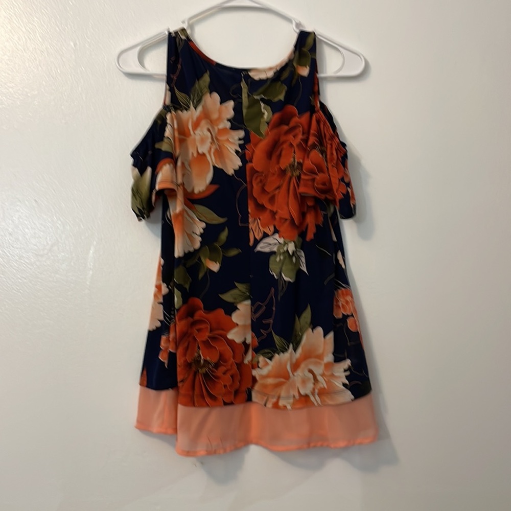 Naif Cold Shoulder Top Womens med navy blue Pink Floral Short Sleeves scoop neck - Picture 5 of 6